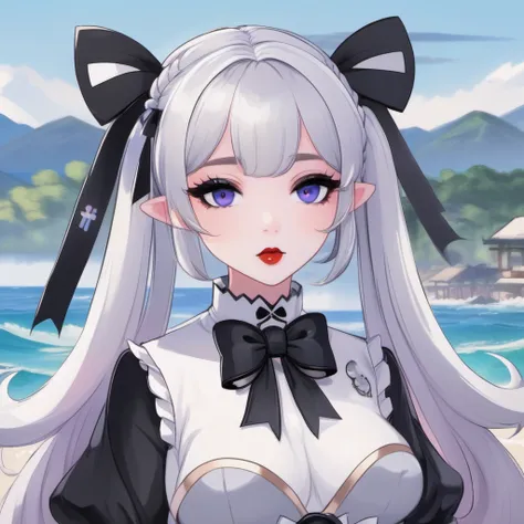 masterpiece, best quality, 1girl, gothic, black lips, solo, black hair, makeup, twin tails, hair buns, multicolored hair, white hair, bangs, eyeshadow, cross, hair bow, bow, lipstick, two-tone hair, fishnets, mascara, hair ornament, (Genshin Impact)