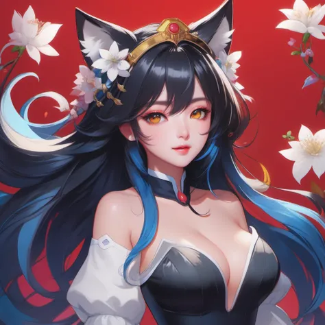 (masterpiece, best quality, ultra-detailed, highres, best illustration, realistic, skindentation, specular highlights), perfect face, ((solo, solo focus)), sidelighting, epic, illustration, render, volumetric lighting, welcoming, see-through gossamer, in Japan, lustrous skin, (bloom), (shine), ray tracing, masterpiece, best quality, 1girl, solo, long hair, large breasts, black hair, animal ears, cleavage, bare shoulders, medium breasts, blue hair, collarbone, tail, yellow eyes, upper body, parted lips, detached sleeves, lips, looking to the side, fox ears, fox tail, facial mark, looking away, slit pupils, multiple tails, red background, whisker markings, korean clothes, depth_of_field, very detailed background, extreme light and shadow, (detailed eyes), (beautiful), beautiful detailed eyes, perfect lighting, perfect anatomy, (extremely detailed illustrated 8k wallpaper), (masterpiece), (best quality), (ultra-detailed), (best illustration), (best shadow), (fantasy:1.4), vivid colors