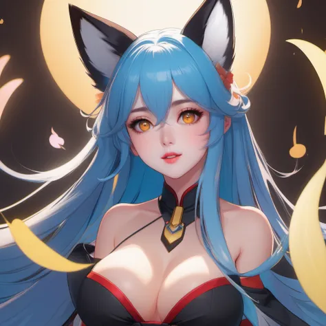 (masterpiece, best quality, ultra-detailed, highres, best illustration, realistic, skindentation, specular highlights), perfect face, ((solo, solo focus)), sidelighting, epic, illustration, render, volumetric lighting, welcoming, see-through gossamer, in Japan, lustrous skin, (bloom), (shine), ray tracing, masterpiece, best quality, 1girl, solo, long hair, large breasts, black hair, animal ears, cleavage, bare shoulders, medium breasts, blue hair, collarbone, tail, yellow eyes, upper body, parted lips, detached sleeves, lips, looking to the side, fox ears, fox tail, facial mark, looking away, slit pupils, multiple tails, red background, whisker markings, korean clothes, depth_of_field, very detailed background, extreme light and shadow, (detailed eyes), (beautiful), beautiful detailed eyes, perfect lighting, perfect anatomy, (extremely detailed illustrated 8k wallpaper), (masterpiece), (best quality), (ultra-detailed), (best illustration), (best shadow), (fantasy:1.4), vivid colors