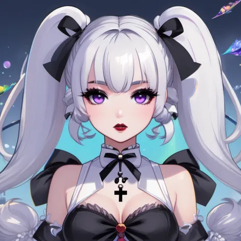 masterpiece, best quality, 1girl, gothic, black lips, solo, black hair, makeup, twin tails, hair buns, multicolored hair, white hair, bangs, eyeshadow, cross, hair bow, bow, lipstick, two-tone hair, fishnets, mascara, hair ornament, (Genshin Impact)