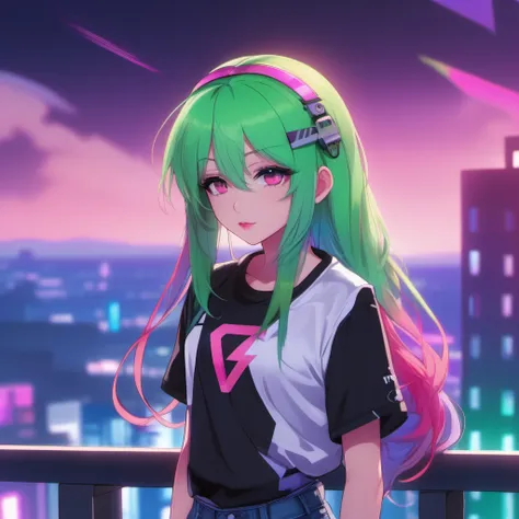 (highres:1.1), best quality, (masterpiece:1.3), beautiful lighting, intricate (high detail:1.2), 1boy, solo, transgender male, two tone hair, multicolored hair, white hair, pink hair, red hair, green hair, purple eyes, long hair, wearing a black and pink anime tshirt, denim jeans, makeup, wristband, lipstick, jewelry, depth of field, science fiction, cyberpunk, balcony, cityscape, beautiful night sky, (summer:1.2), wind swept hair,{specular highlights : beautiful lighting : volumetric lighting},fxaa
