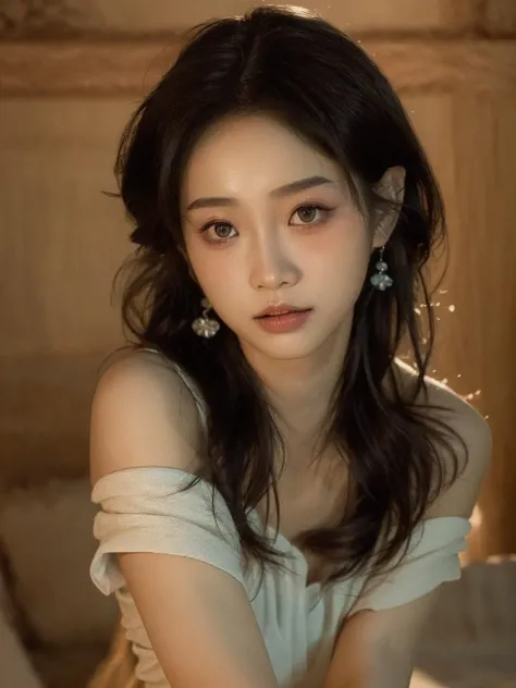 Best quality,masterpiece,ultra high res,(photorealistic:1.4),raw photo,1girl,in the dark,deep shadow,low key,cold light,blur background,offshoulder,badanmugongzhu,upper body,