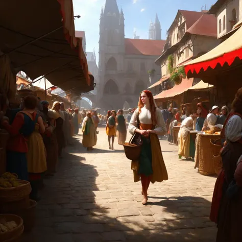 full-length highly detailed and photorealistic intricate digital art in 4K high quality trending on Artstation and CGSociety of young woman standing in a busy medieval market place