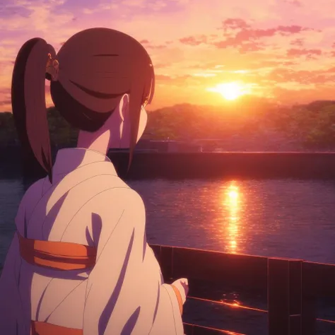 medium-shot anime artstyle of young woman with ponytail hairstyle wearing a kimono, beautiful lighting, evening, dusk, traditional japanese festival, lanterns