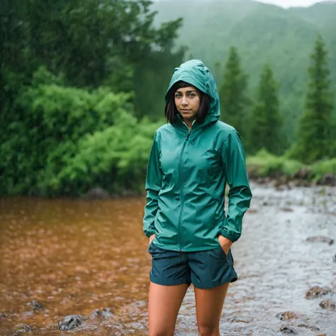 full-length photo of (korra) with (sh hairstyle) wearing an (opened rain jacket with hood) with shorts and a (bare midriff), standing in rain, shot in 4k high-quality with a Fujifilm X-T3 camera with natural lighting and f1.6 bokeh applied