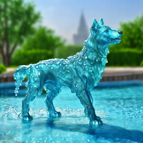 full-length highly detailed and photorealistic intricate digital art in 4K high quality trending on Artstation and CGSociety of a dog that is made of water, melted, sculpture made of water