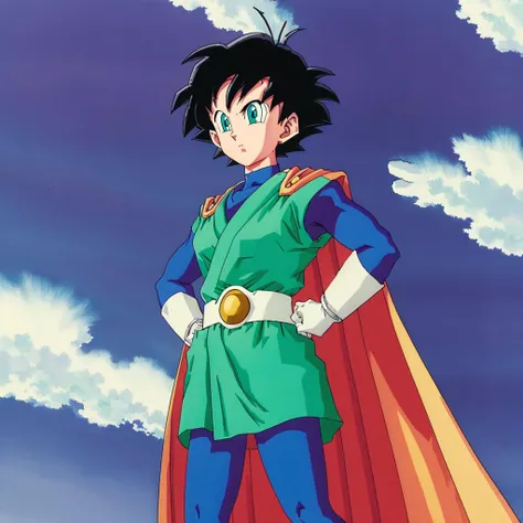 headshot anime artstyle of videl wearing vdo outfit with cape