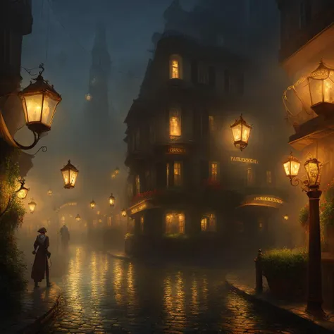 full-length highly detailed and photorealistic intricate digital art in 4K high quality trending on Artstation and CGSociety of 19th century steampunk city street corner, night, dark foggy, smog, lanterns