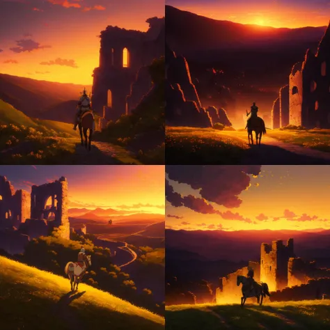 (anime artstyle) illustration of (medium-shot gallant knight) riding a horse into the sunset, through a valley of ruins