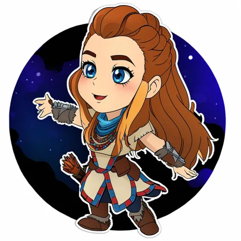 chibi style sticker of aloy with nora hairstyle wearing zero dawn outfit, with white blank concept background