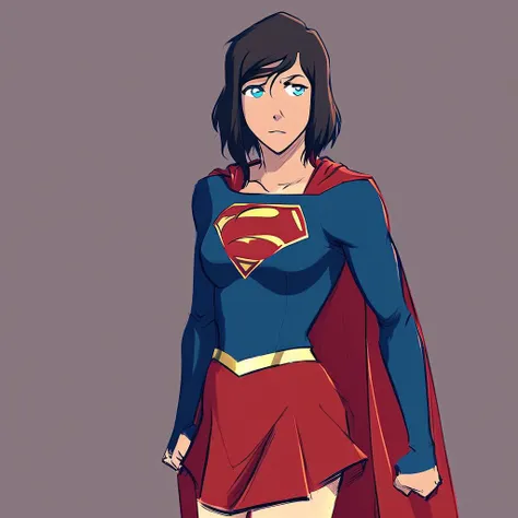 cartoon artstyle digital art of Korra with sh hairstyle wearing supergirl outfit with cape