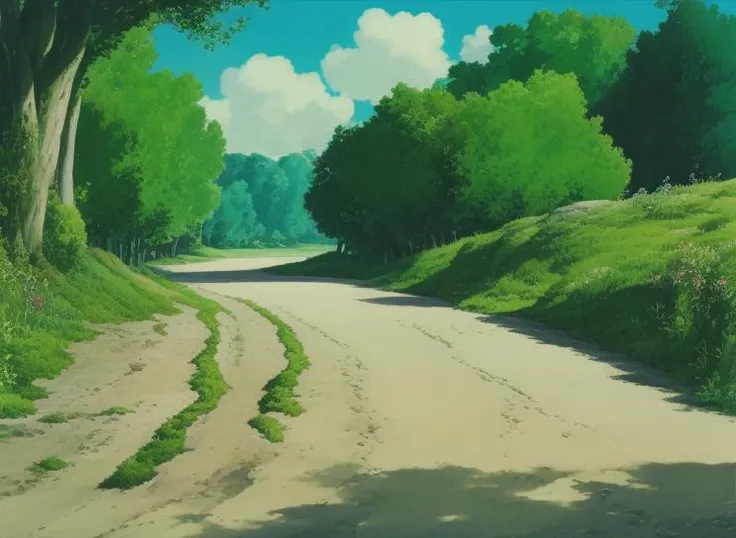 <lora:envybetterhandsLocon_alpha3:1>,ghibli artstyle, a path besides a river