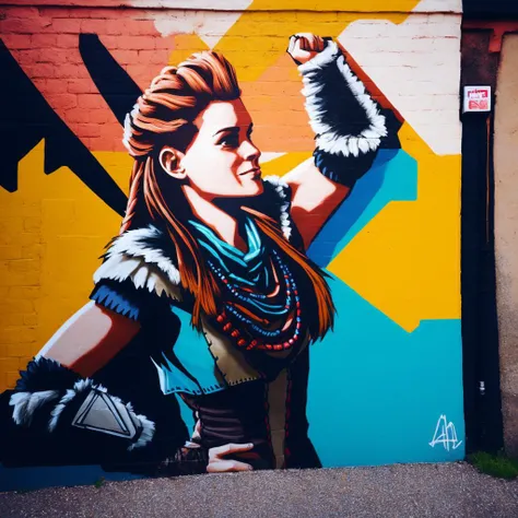 street art of (aloy with nora hairstyle wearing zero dawn outfit)