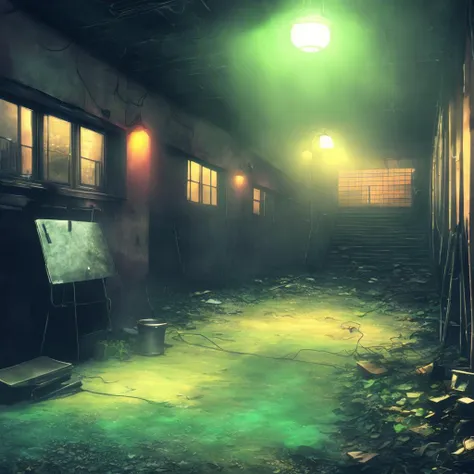 urban exploration photo in (Silent HIll), dark, clutter, (film grain), hazy, muted colors, abandoned, ominous, (anime, render, sketch, illustration, cartoon, pixar), (lights, lighting, lightbulb)