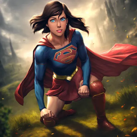 full-length highly detailed and photorealistic intricate digital art in 4K high quality trending on Artstation and CGSociety of (Korra) with (sh hairstyle) wearing (supergirl outfit with cape)