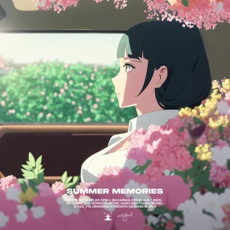 Anime illustration of closeup portrait photo of a woman in the back of retro car surrounded by flowers with no makeup, (((body and car interior fully covered in flowers))), depth of field, volumetric lighting, bokeh