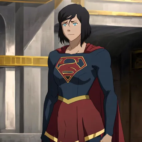lok artstyle of (Korra) with ((sh hairstyle)) wearing ((supergirl outfit with cape))