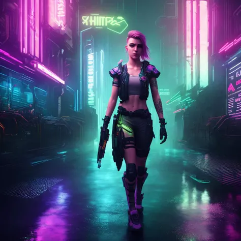 full-length highly detailed and photorealistic intricate digital art in 4K high quality trending on Artstation and CGSociety of young woman with colorful sidecut hairstyle wearing futuristic cyberpunk outfit standing in neon-lit cyberpunk city street, dark atmosphere