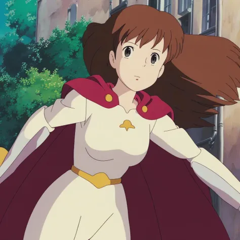 ghibli artstyle, close camera, girl, dark eyes, mature, brown wavey hair, medium breasts, superhero outfit with cape, anime still, action shot