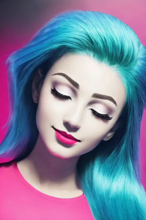 photorealistic, ultra realistic, glowing cyan hair, closed eyes, ([Mila Kunis|Emily Blunt|Ariana Grande]:0.85), 21 year old woman, sparkling starburst green eyes, red theme, eyeshadow, mascara, plush lips, pink lipstick, smile, straight white teeth, realistic skin texture, skin pores, shiny skin, selfie, red dress, photo shoot, red background, alluring, attractive, amazing photograph, masterpiece, best quality,