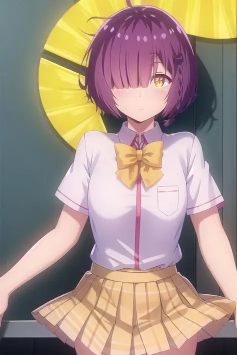 ayanofujimoto, <lora:ayano fujimoto s1-lora-nochekaiser:1>,
ayano fujimoto, short hair, hair ornament, (yellow eyes:1.3), purple hair, braid, (hair over one eye:1.5),
BREAK skirt, shirt, bow, school uniform, white shirt, short sleeves, pleated skirt, shoes, socks, bowtie, plaid, plaid skirt, brown footwear, black socks, loafers, pink skirt,
BREAK indoors, classroom,
BREAK looking at viewer,
BREAK <lyco:GoodHands-beta2:1>, (masterpiece:1.2), best quality, high resolution, unity 8k wallpaper, (illustration:0.8), (beautiful detailed eyes:1.6), extremely detailed face, perfect lighting, extremely detailed CG, (perfect hands, perfect anatomy),