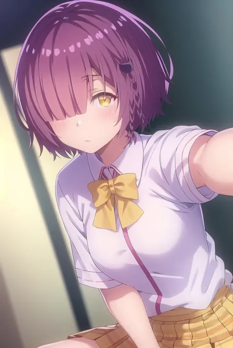 ayanofujimoto, <lora:ayano fujimoto s1-lora-nochekaiser:1>,
ayano fujimoto, short hair, hair ornament, (yellow eyes:1.3), purple hair, braid, (hair over one eye:1.5),
BREAK skirt, shirt, bow, school uniform, white shirt, short sleeves, pleated skirt, shoes, socks, bowtie, plaid, plaid skirt, brown footwear, black socks, loafers, pink skirt,
BREAK indoors, classroom,
BREAK looking at viewer,
BREAK <lyco:GoodHands-beta2:1>, (masterpiece:1.2), best quality, high resolution, unity 8k wallpaper, (illustration:0.8), (beautiful detailed eyes:1.6), extremely detailed face, perfect lighting, extremely detailed CG, (perfect hands, perfect anatomy),