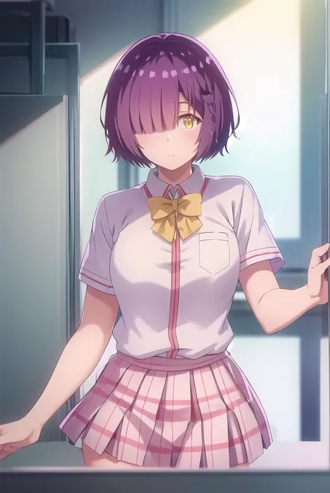 ayanofujimoto, <lora:ayano fujimoto s1-lora-nochekaiser:1>,
ayano fujimoto, short hair, hair ornament, (yellow eyes:1.3), purple hair, braid, (hair over one eye:1.5),
BREAK skirt, shirt, bow, school uniform, white shirt, short sleeves, pleated skirt, shoes, socks, bowtie, plaid, plaid skirt, brown footwear, black socks, loafers, pink skirt,
BREAK indoors, classroom,
BREAK looking at viewer,
BREAK <lyco:GoodHands-beta2:1>, (masterpiece:1.2), best quality, high resolution, unity 8k wallpaper, (illustration:0.8), (beautiful detailed eyes:1.6), extremely detailed face, perfect lighting, extremely detailed CG, (perfect hands, perfect anatomy),