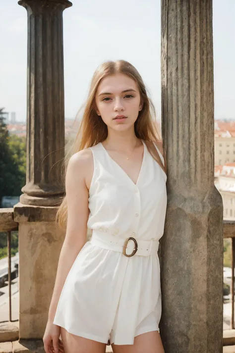 realistic photo of a 20-year-old Russian girl, beautiful face, delicate appearance, long blonde hair blowing in the wind, fashionable looks in a black deep neckline dress, walking under the iron bridge structure, relaxed expression, brimming with emotion, interplay of contrast along with detailed light and shadow, depth of field, hazy atmosphere and blurred background,