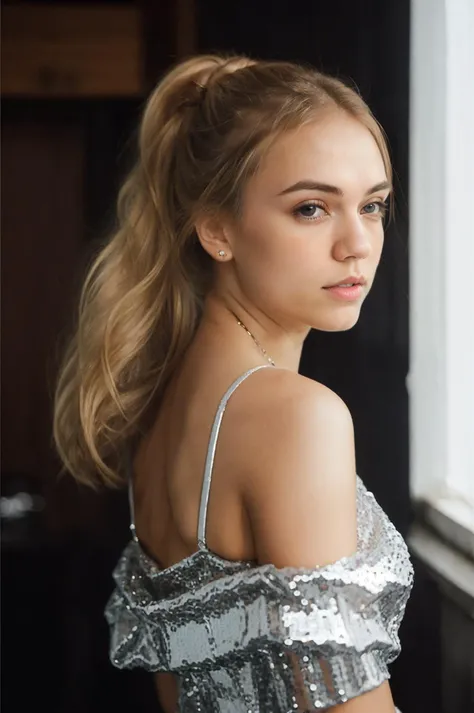 futuraalex40000v5, Portrait of pretty young (18-year-old) Caucasian woman ((Posing with back turned towards the camera, looking over the shoulder with a sultry gaze.:1.07)), outdoor, BREAK (ginger Low Ponytail with Twists: A sleek and low ponytail with sections of hair twisted and pinned for an elegant and unique style.), no makeup, long dainty necklace, (((elegant, classy) Silver sequined slip dress with cowl neckline and open back - dazzling and chic.)) , <lora:epi_noiseoffset2:1> BREAK (magazine cover:1.05), BREAK (masterpiece, extremely detailed skin, photorealistic, heavy shadow, dramatic and cinematic lighting, key light, fill light), sharp focus, BREAK location is (outdoor Berlin, Germany), <lora:InstantPhotoX3:0.4> , <lora:ClothingAdjuster3:-0.7>