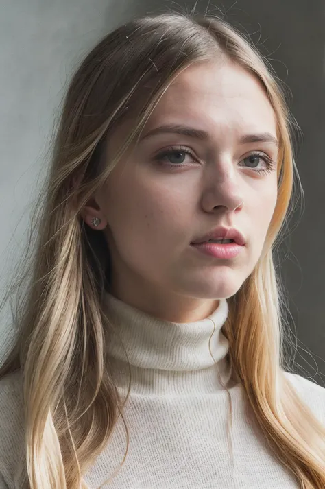 futuraalex20600v52, Portrait of pretty young 18 year-old Caucasian woman wearing a (turtle neck sweater) in grey studio BREAK <lora:epi_noiseoffset2:1> BREAK (magazine cover:1.07), dainty diamond necklace BREAK (masterpiece, extremely detailed skin, photorealistic, heavy shadow, dramatic and cinematic lighting, key light, fill light), sharp focus, epicrealism,