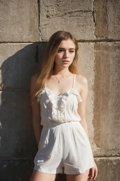futuraalex20600v52, (closeup) Portrait of pretty young (18-year-old) pale milky white skin Caucasian woman ((Leaning against a fence, legs crossed, with a seductive smile.:1.07)), outdoor, BREAK (blonde Classic Curls: Defined and classic curls that add a touch of glamour and elegance to any look.), no makeup, long dainty necklace, (((classy and elegant:1.05) A rose gold body suit, delicately designed with a high waist, a deep V-neck cut, and a belted waist, radiating femininity and grace.)) , <lora:epi_noiseoffset2:1> BREAK (magazine cover:1.05), BREAK (masterpiece, extremely detailed skin, photorealistic, heavy shadow, dramatic and cinematic lighting, key light, fill light), sharp focus, BREAK location is (outdoor Marrakech, Morocco), <lora:InstantPhotoX3:0.4>,, <lora:ClothingAdjuster3:-0.7>