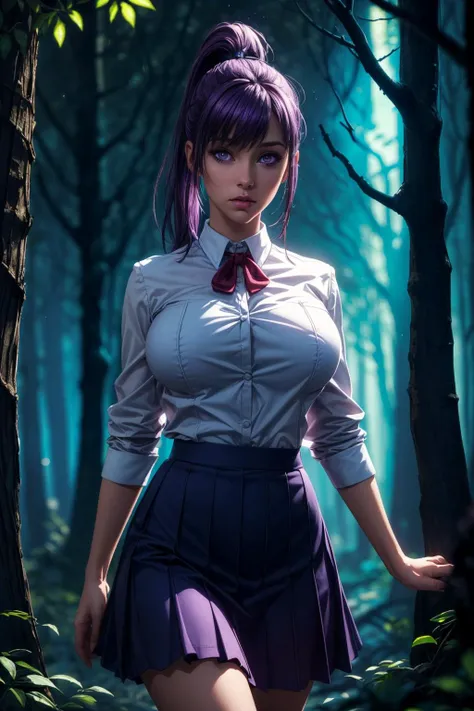 (ultra realistic,32k, masterpiece:1.2),(high detailed skin:1.1),( high quality:1.1),
<lora:Jin-Ah Sung:0.6>purple hair, ponytail, (purple eyes:0.6), blue school uniform, skirt_, huge breast,(looking at viewer, Bend forward:1.1),, <lora:add_detail:0.8>,
(soft shaded neon light:1.1), shadowheart vale, haunting shadows, moonlit glades, domain of shadow creatures blurry background,