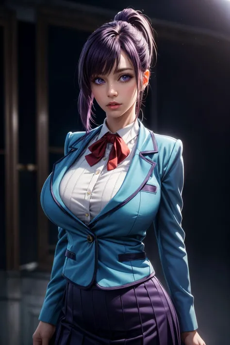 (ultra realistic,32k, masterpiece:1.2),(high detailed skin:1.1),( high quality:1.1),
<lora:Jin-Ah Sung:0.6>purple hair, ponytail, (purple eyes:0.6), blue school uniform, skirt_, huge breast,(looking at viewer, portrait:1.1),,  <lora:add_detail:0.76>,
(backlight:1.1),  bioluminescent alley, glowing organic organisms, bio-luminescent street art, natural cybernetics blurry background,