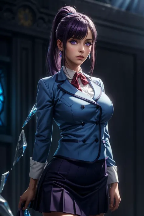 (ultra realistic,32k, masterpiece:1.2),(high detailed skin:1.1),( high quality:1.1),
<lora:Jin-Ah Sung:0.8>purple hair, ponytail, (purple eyes:0.8), blue school uniform, skirt_, huge breast,(looking at viewer, standing,:1.1),, <lora:add_detail:0.95>,
(moody lighting:1.1), crystal veil, shimmering crystals, mystical barrier, realm of magical protection blurry background,
