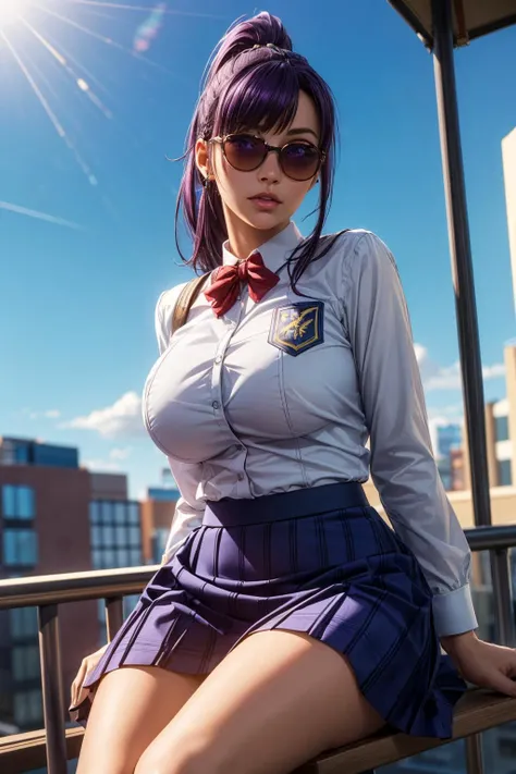 (ultra realistic,32k, masterpiece:1.2),(high detailed skin:1.1),( high quality:1.1),
<lora:Jin-Ah Sung:0.6>purple hair, ponytail, (purple eyes:0.6), blue school uniform, skirt_, huge breast,(looking at viewer, sitting, from below:1.1),, <lora:add_detail:0.87>,
(glow in the dark:1.1), sky lounge, whrilpool, cocktail, drink, sunshine, eyewear sunglasses blurry background,