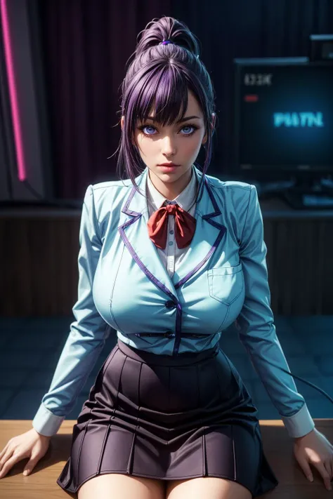 (ultra realistic,32k, masterpiece:1.2),(high detailed skin:1.1),( high quality:1.1),
<lora:Jin-Ah Sung:0.6>purple hair, ponytail, (purple eyes:0.6), blue school uniform, skirt_, huge breast,(looking at viewer, portrait:1.1),, <lora:add_detail:0.9>,
(neon light:1.1), cyberspace dive bar, hangouts, glitched simulations, encrypted chat rooms, shady deals blurry background,