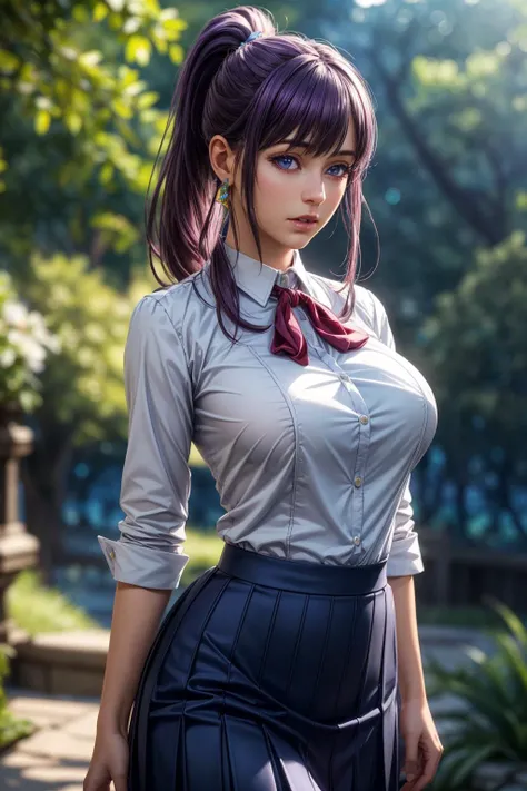 (ultra realistic,32k, masterpiece:1.2),(high detailed skin:1.1),( high quality:1.1),
<lora:Jin-Ah Sung:0.6>purple hair, ponytail, (purple eyes:0.6), blue school uniform, skirt_, huge breast,(looking at viewer, standing, from below:1.1),, <lora:add_detail:0.86>,
(volumetric lighting:1.1), blank background blurry background,