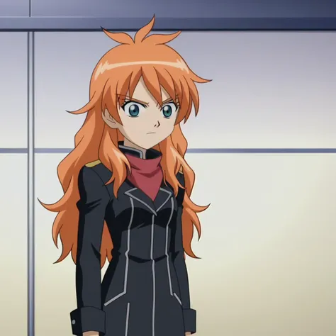 score_7_up, BREAK, source_anime, anime screencap,  1girl, solo, long hair, orange hair, <lora:BakuganStyle_PXL_Leaf1C:1>, red bandana, black coat, pose,