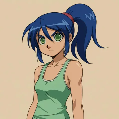 score_8_up, BREAK,  1girl, solo, blue  hair, ponytail, green eyes,  <lora:BakuganStyle_PXL_Leaf1:0.8>,  cowboy shot, tank top,