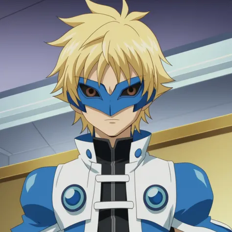 score_7_up, BREAK, source_anime, anime screencap,  1boy, solo, short hair, blonde hair, <lora:BakuganStyle_PXL_Leaf1C:1>, mask, looking at viewer, duel disk,