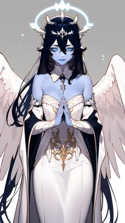 (best quality), ((masterpiece)), (highers), original, extremely detailed CG unity 8k wallpaper,
(white is maincolor:1.5),meture female,lady,
1 girl,cowboy shot, indigo hair, indigo lips,indigo eyeshadow,closed eyes, indigo tear stains,small breasts,angel wings, hood,symmetry, long hair, halo, dress, own hands together, bare shoulders, white dress, angel wings, detached sleeves, angel, hair between eyes, closed mouth, feathered wings, bangs, wide sleeves, glowing, long sleeves, jewelry, strapless, strapless dress, detached collar, very long hair, standing, praying, laurel crown,
<lora:fat10kg_mix_style:1>