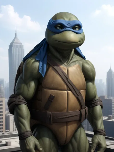 full body shot, TMNTLeonardo, a teenage mutant ninja turtle, wearing blue bandana mask with eye-holes, standing on a city rooftop during the day, skyscrapers and rooftops and day sky in the background, <lora:TMNT_Turtles_AIO_SDXL-000009:1>