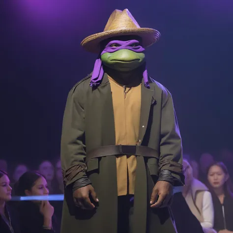 (techwear fashion), detailed masterpiece oil painting, (TMNTDonatello:1.3) wearing a purple bandana mask with eye-holes and (sombrero and long jacket:1.2), a teenage mutant ninja turtle, nunchucks, (on a fashion show runway:1.2)
. futuristic, cyberpunk, urban, tactical, sleek, dark, highly detailed
. emotional, harmonious, vignette, 4k epic detailed, shot on kodak, 35mm photo, sharp focus, high budget, cinemascope, moody, epic, gorgeous, film grain, grainy
. created by japanese manga artist. highly emotional. best quality, high resolution
<lora:TMNT_Turtles_AIO_SDXL-000009:0.8>
<lora:!action-sdxl-V0.5:0.5>
<lora:SDXLHighDetail_v5:0.6>
<lora:ClassipeintXL1.9:0.55>