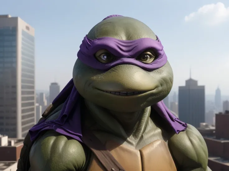 close-up, TMNTDonatello, a teenage mutant ninja turtle, wearing purple bandana mask with eye-holes, standing on a city rooftop during the day, skyscrapers and rooftops and day sky in the background, <lora:TMNT_Turtles_AIO_SDXL-000009:1>