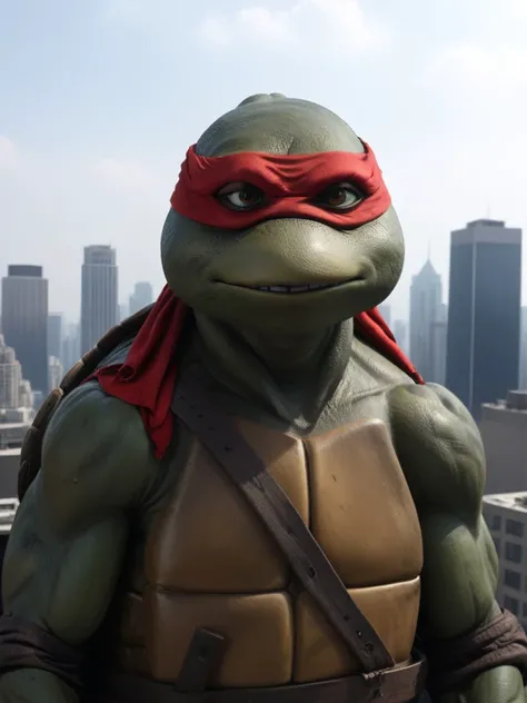 upper body shot, TMNTRaphael, a teenage mutant ninja turtle, wearing red bandana mask with eye-holes, standing on a city rooftop during the day, skyscrapers and rooftops and day sky in the background, <lora:TMNT_Turtles_AIO_SDXL-000009:1>