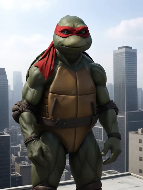full body shot, TMNTRaphael, a teenage mutant ninja turtle, wearing red bandana mask with eye-holes, standing on a city rooftop during the day, skyscrapers and rooftops and day sky in the background, <lora:TMNT_Turtles_AIO_SDXL-000009:1>