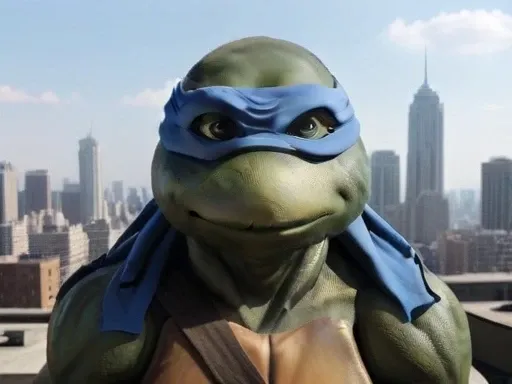 close-up, TMNTLeonardo, a teenage mutant ninja turtle, wearing blue bandana mask with eye-holes, standing on a city rooftop during the day, skyscrapers and rooftops and day sky in the background, <lora:TMNT_Turtles_AIO_SDXL-000009:1>
