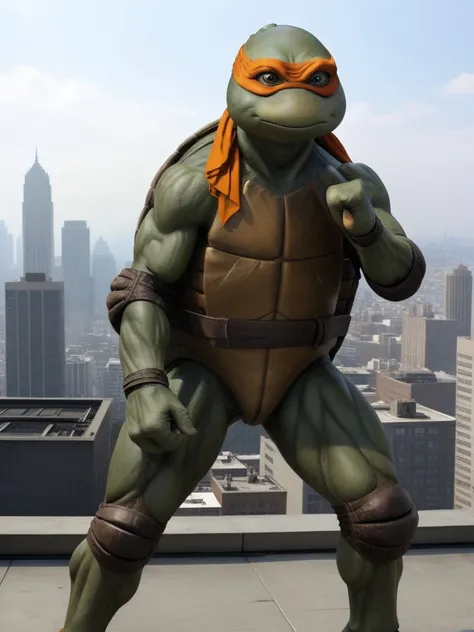 score_9, score_8_up, score_7_up, rating_safe, masterpiece, high quality, ((realistic, source_IRL)), BREAK, full body shot, TMNTLeonardo, a teenage mutant ninja turtle, wearing blue bandana mask with eye-holes, fight stance, standing on a city rooftop during the day, skyscrapers and rooftops and day sky in the background, <lora:TMNT_AIO_Pony:1>