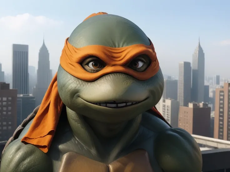 close-up, TMNTMichelangelo, a teenage mutant ninja turtle, wearing orange bandana mask with eye-holes, standing on a city rooftop during the day, skyscrapers and rooftops and day sky in the background, <lora:TMNT_Turtles_AIO_SDXL-000009:1>