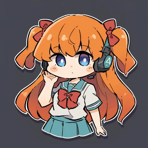 chibi, 1girl, solo, souryuu asuka langley, school uniform, looking at viewer, long hair, black background, blue eyes, ribbon, short sleeves, skirt, closed mouth, shirt, orange hair, tokyo-3 middle school uniform, hand up, bangs, upper body, blue skirt, bow, white shirt, red ribbon, two side up, collarbone, interface headset, <lora:AChibiComic:0.9>